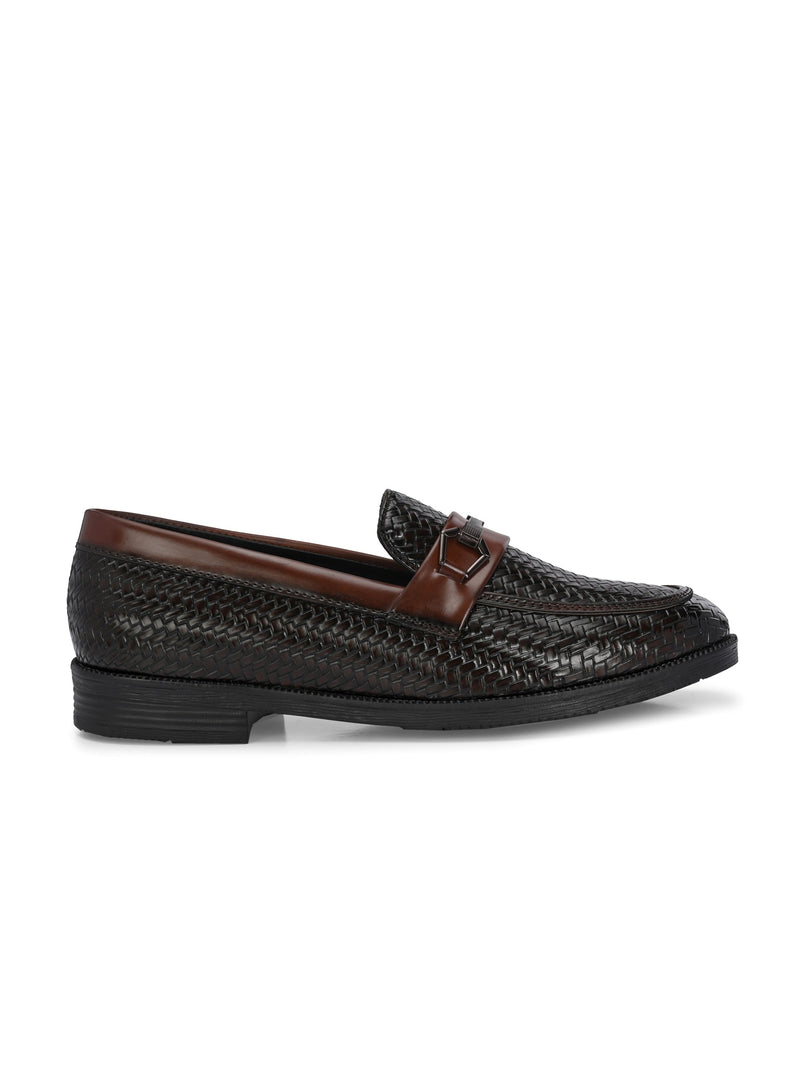 Brown Textured Block Heel Slip-On Loafer Shoes