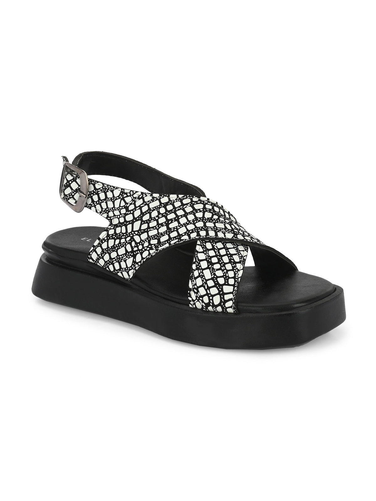 Black Women's casual flat heel criss cross sandal with back strap closure