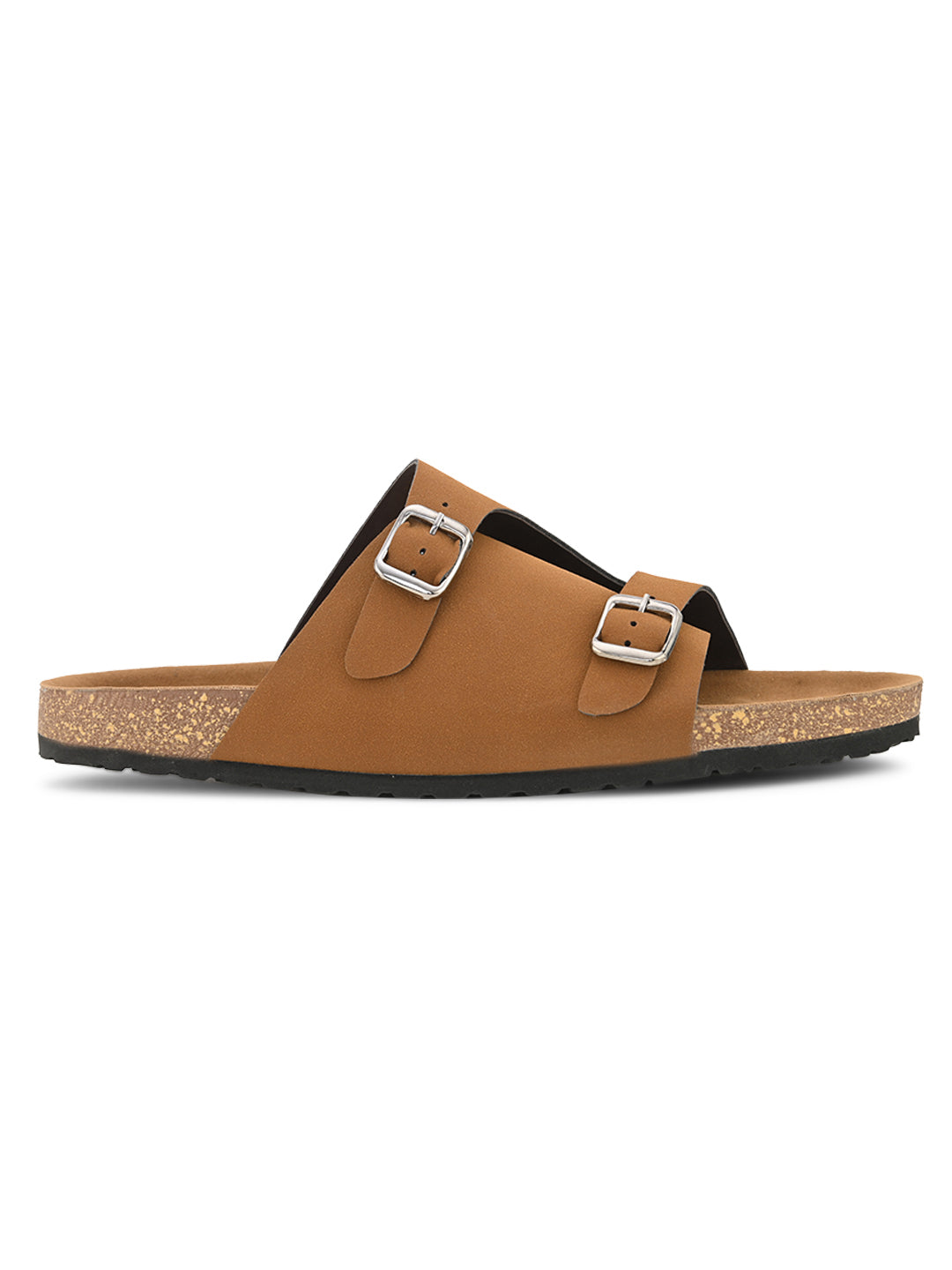 Men's casual Tan sandals with slip-on style and buckle strap