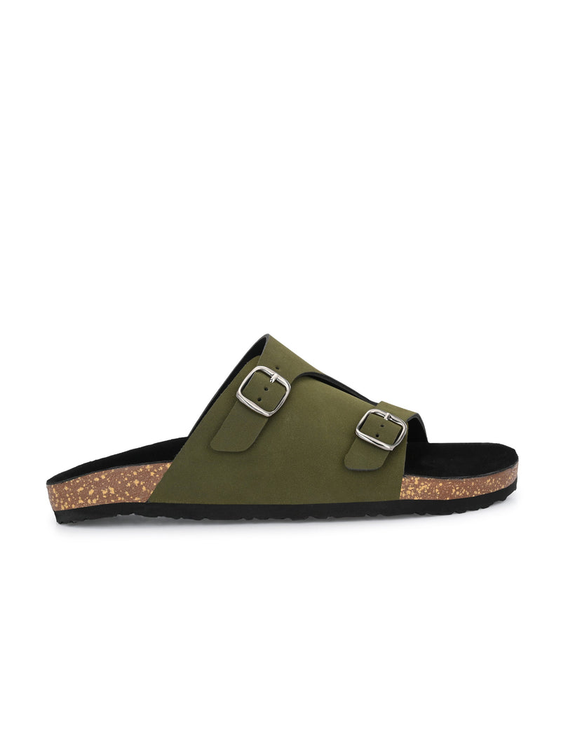 Men's casual Olive sandals with slip-on style and buckle strap