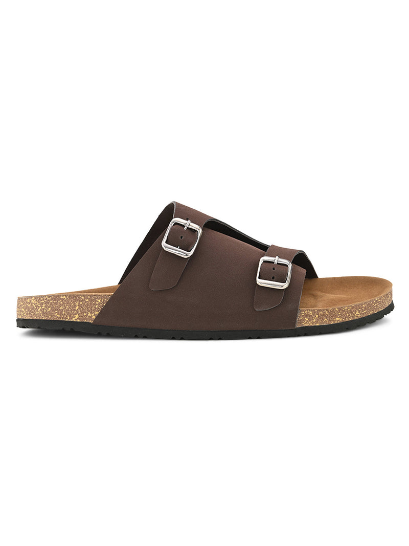 Men's casual Brown sandals with slip-on style and buckle strap