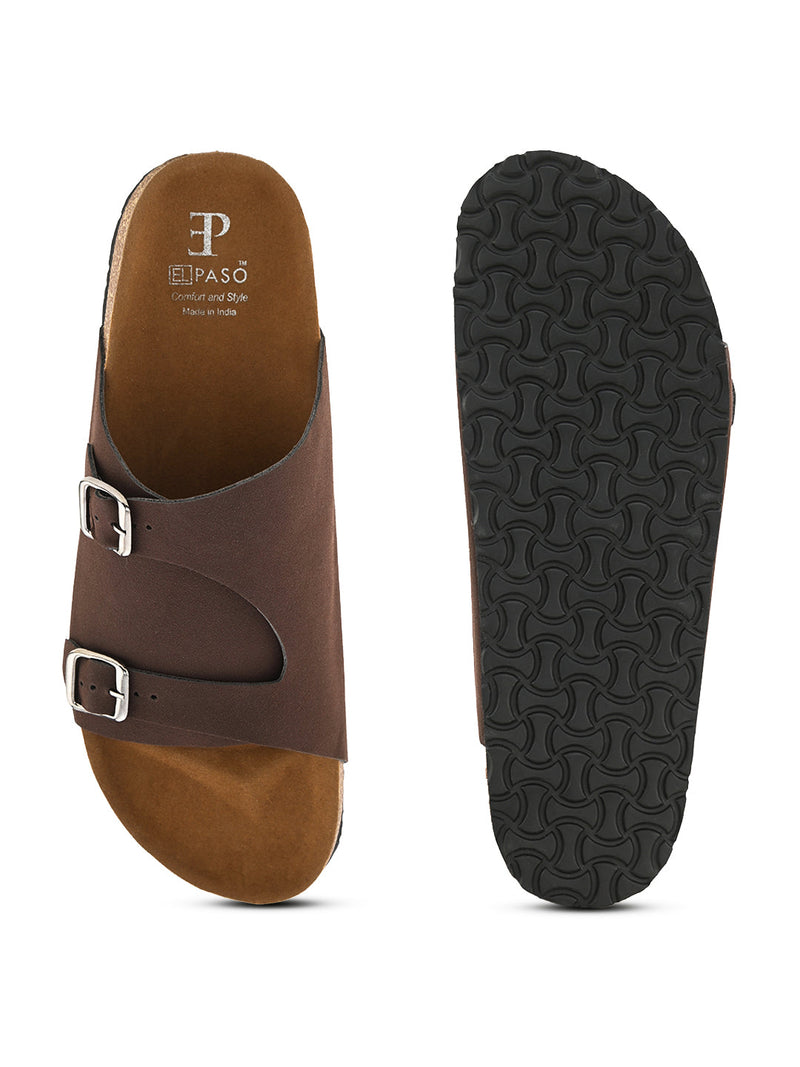 Men's casual Brown sandals with slip-on style and buckle strap