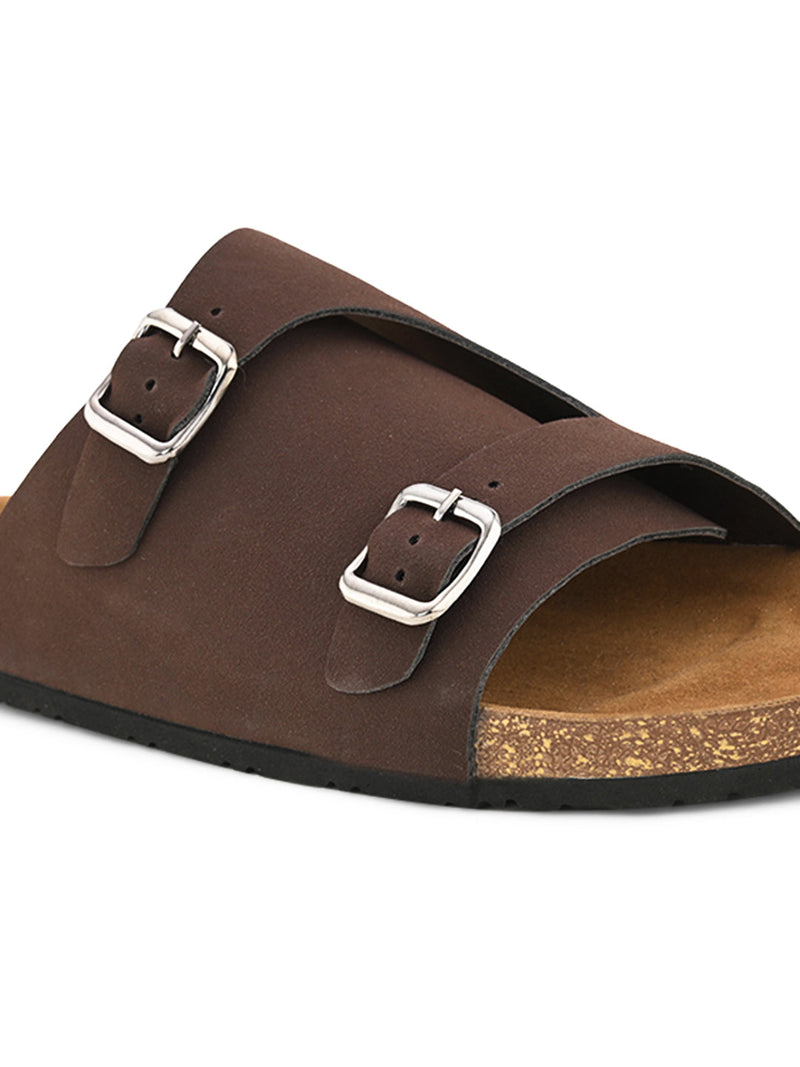 Men's casual Brown sandals with slip-on style and buckle strap
