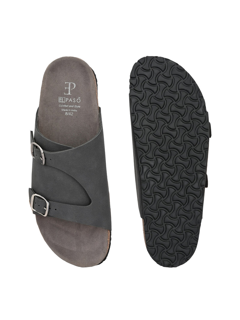 Men's casual Black sandals with slip-on style and buckle strap 