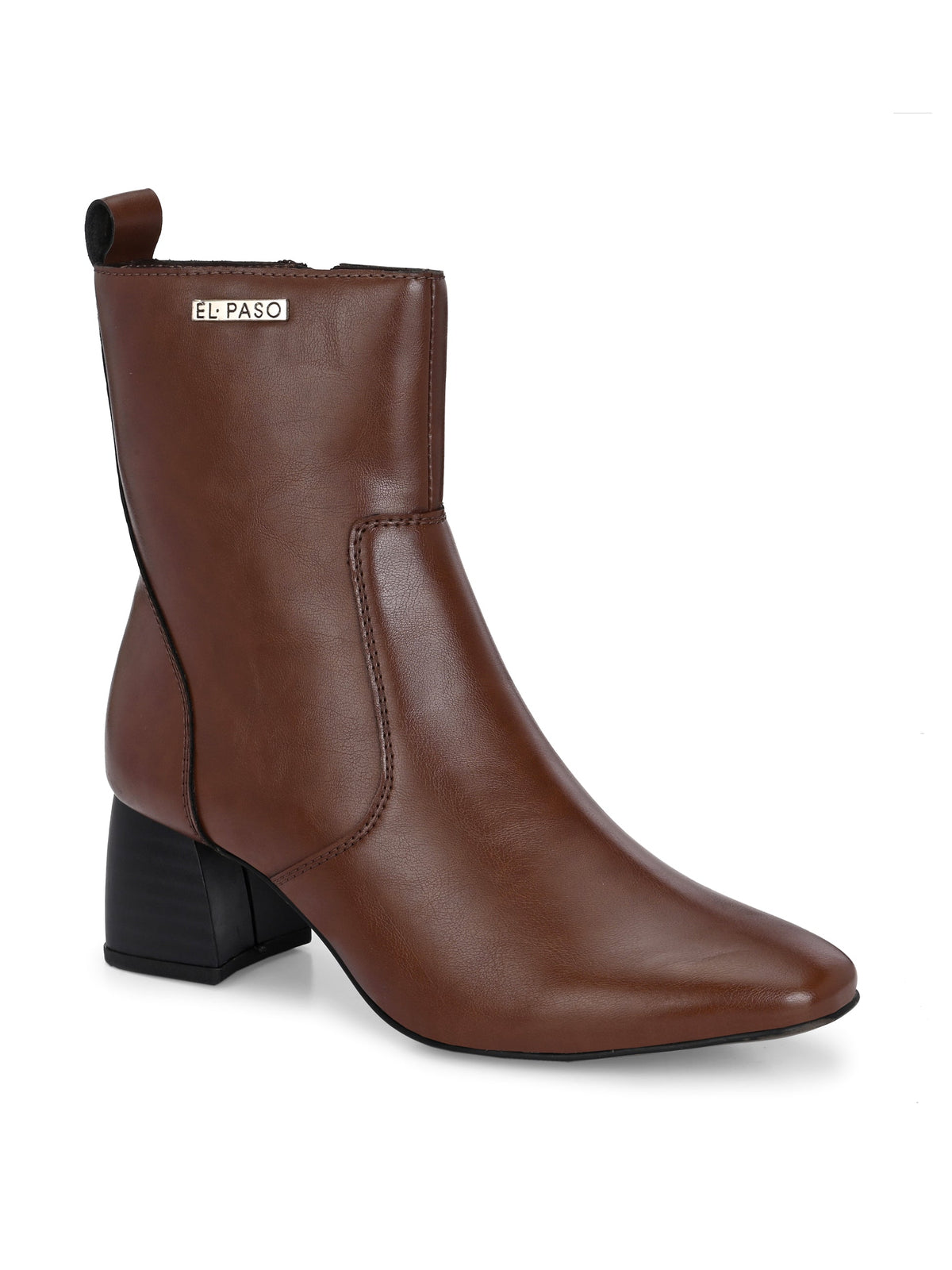 Stylish tan ankle boot with a sturdy block heel and branded El Paso logo