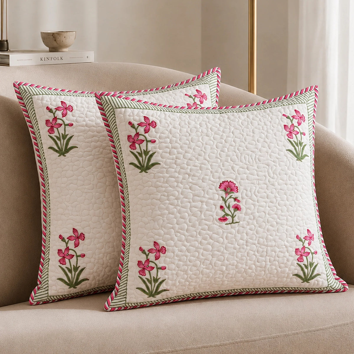 Ombre Orchid - Hand Block Print Quilted Cushion Cover (Pink)-5