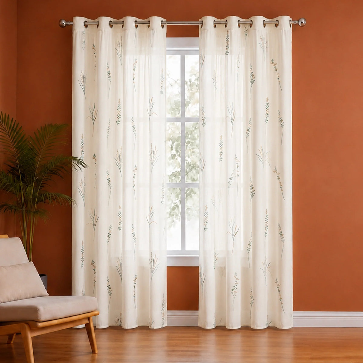 Leafscape Yellow & Green - Printed Eyelet Duck Curtain-1