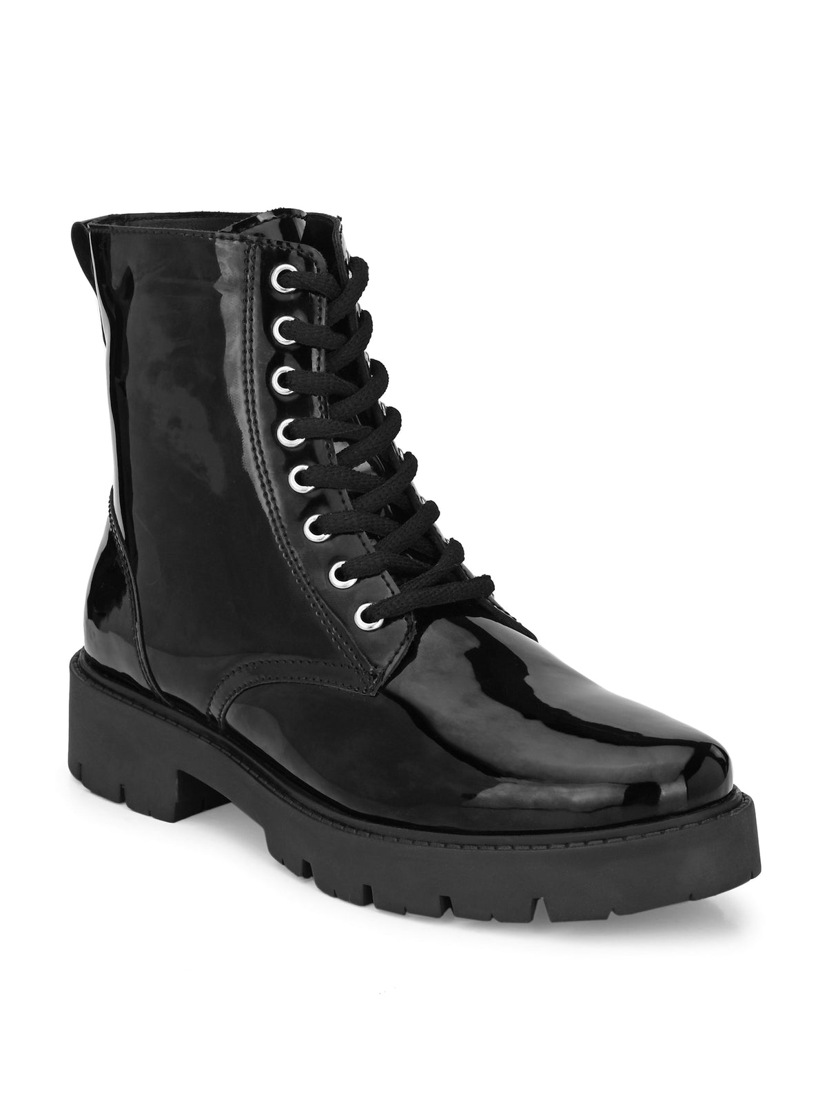 Shiny Black Lace-Up Block Heel Boots