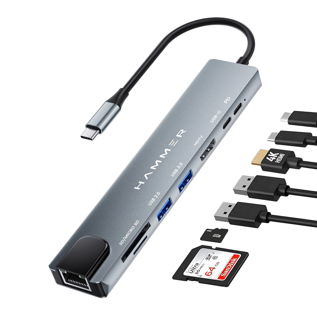 HAMMER 8-in-1 USB-C Hub | 100W PD Charging, 5Gbps Data Transfer, HDMI 4K, Ethernet Port, SD/TF Multiport Adapter (Grey)