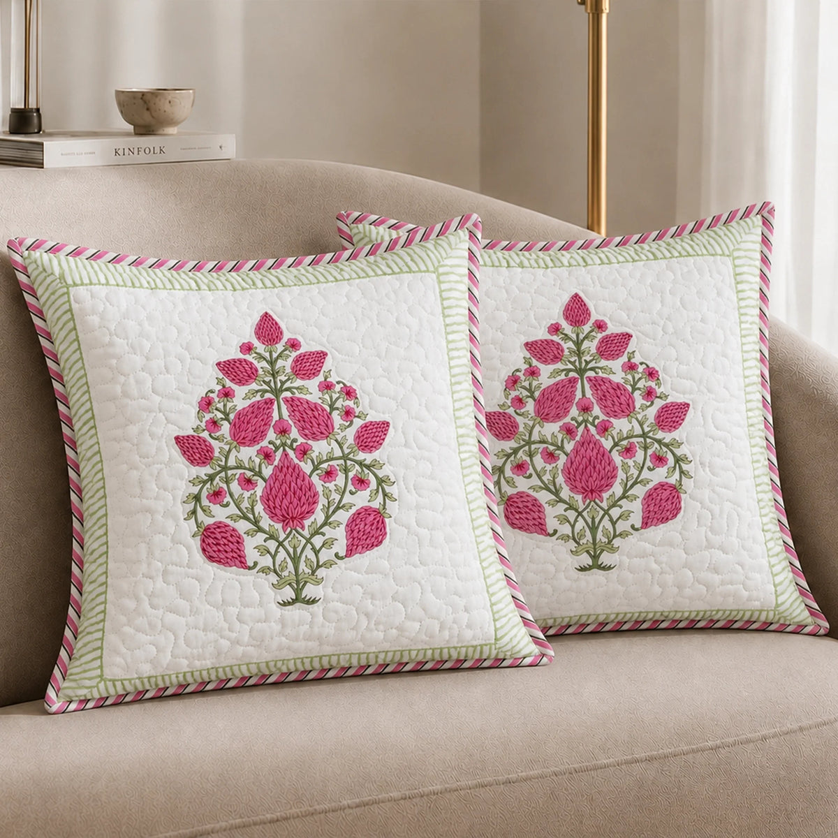 Ombre Berry - Hand Block Print Quilted Cushion Cover (Pink)-1