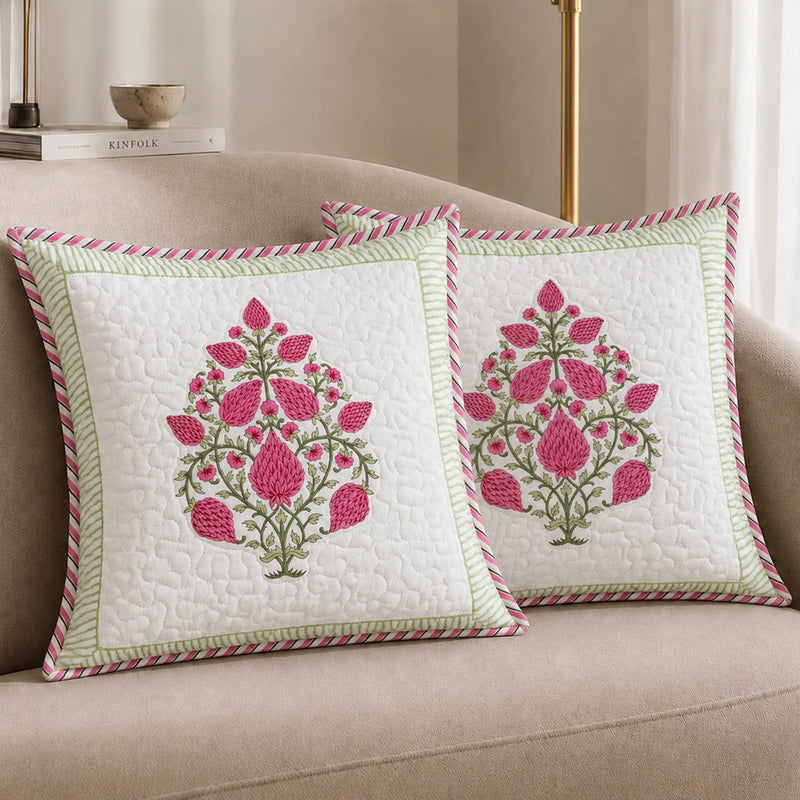 Ombre Berry - Hand Block Print Quilted Cushion Cover (Pink)-1