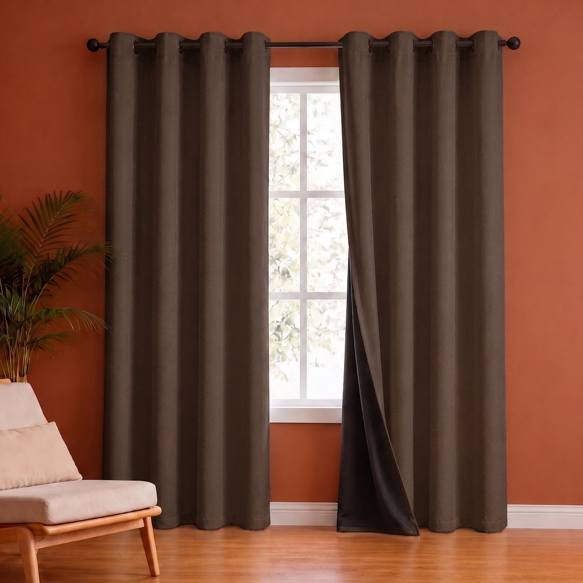Fort Essential Embossed - Eyelet Black Backing Blackout Curtain (Brown)-2