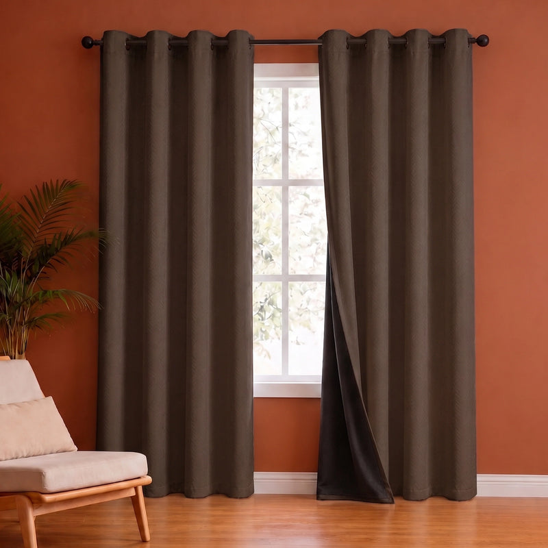 Fort Essential Embossed - Eyelet Black Backing Blackout Curtain (Brown)-2