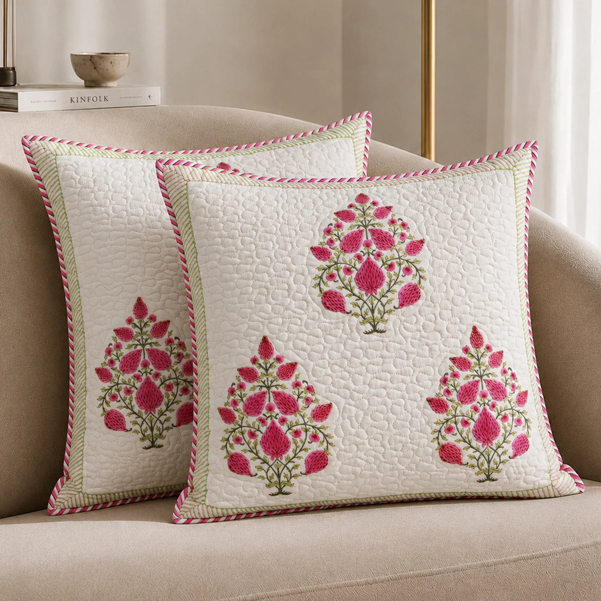 Ombre Berry - Hand Block Print Quilted Cushion Cover (Pink)-5