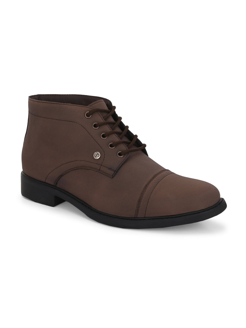 Brown Faux Leather Casual boot with cap toe, sleek design, metal eyelets, and a small brand logo near the ankle for men