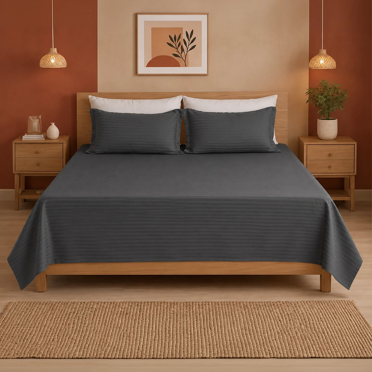 Breton Nap - Satin Stripes Bedsheet (Grey)-1