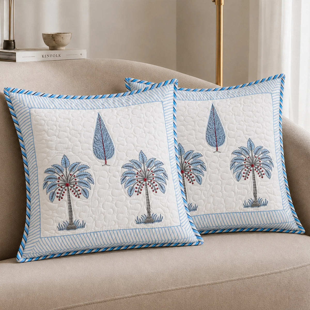 Ombre Lupine - Hand Block Print Quilted Cushion Cover (Blue)-1