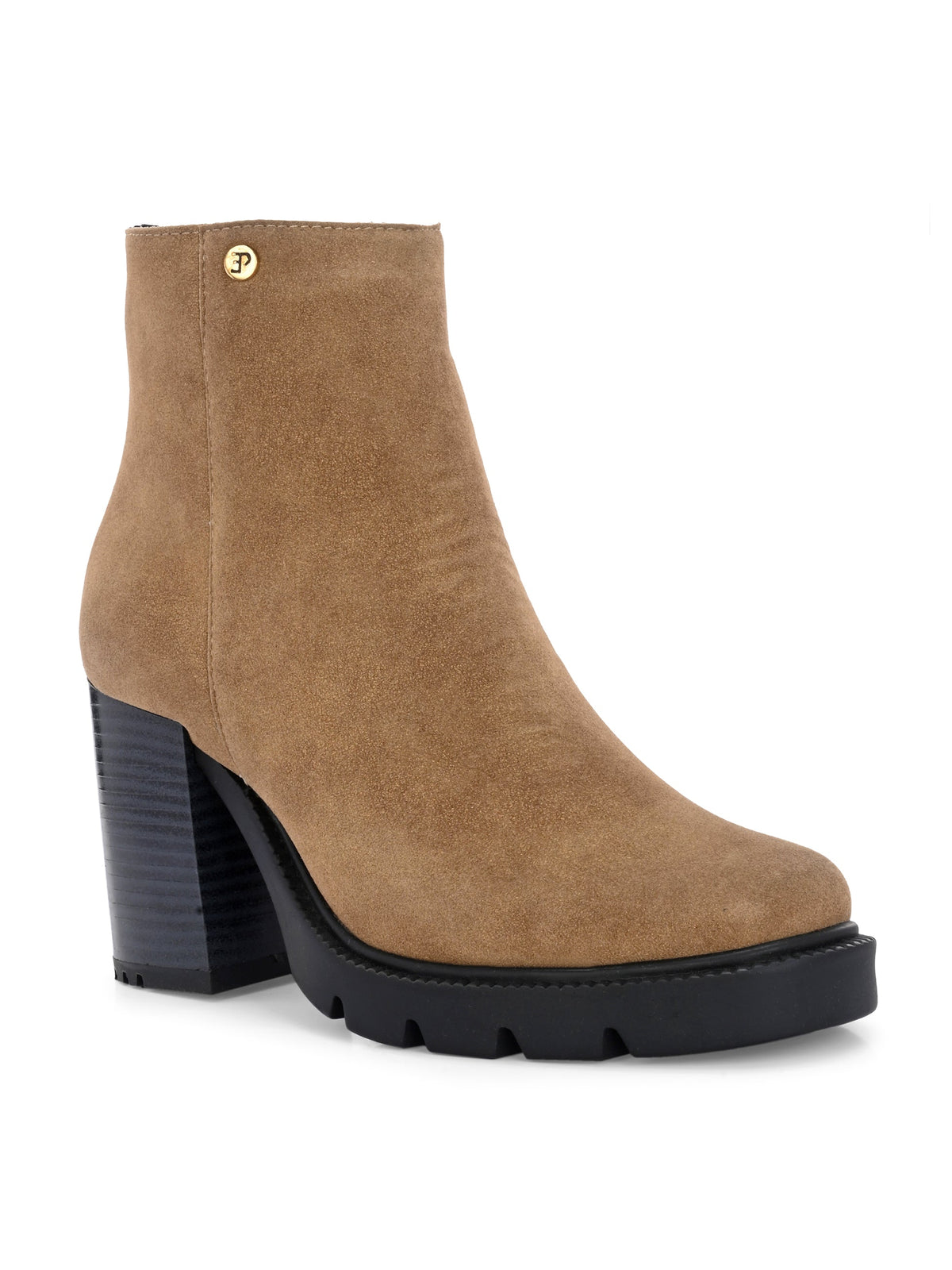 Glossy camel patent leather zip-closure ankle boot with a chunky block heel, lug sole, and a gold logo detail near the collar.