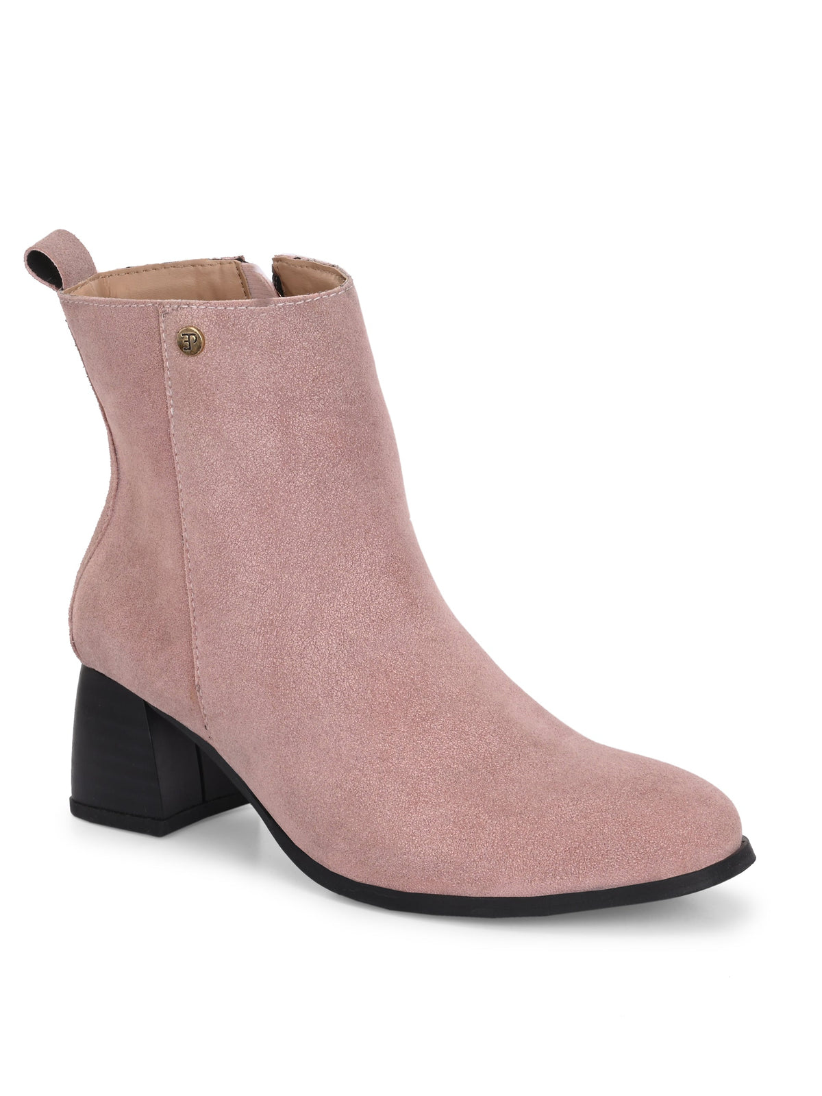 Light pink Suede ankle boots for women with a block heel and a sleek, minimalist design.