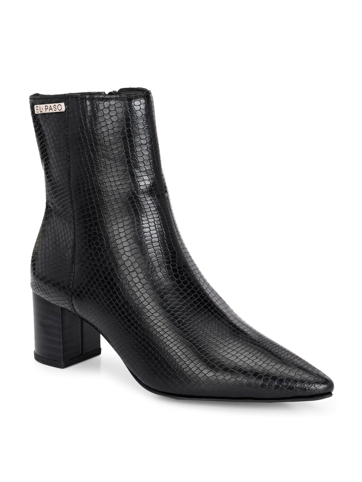 Black textured ankle boots with a sleek snakeskin pattern and a block heel design