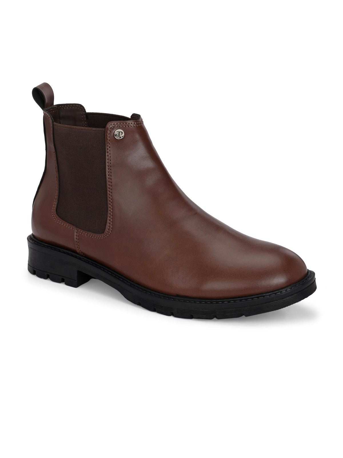 Brown Chelsea boots with elastic side panels, a pull-tab at the heel, rounded toe, and a small metallic brand logo near the ankle.