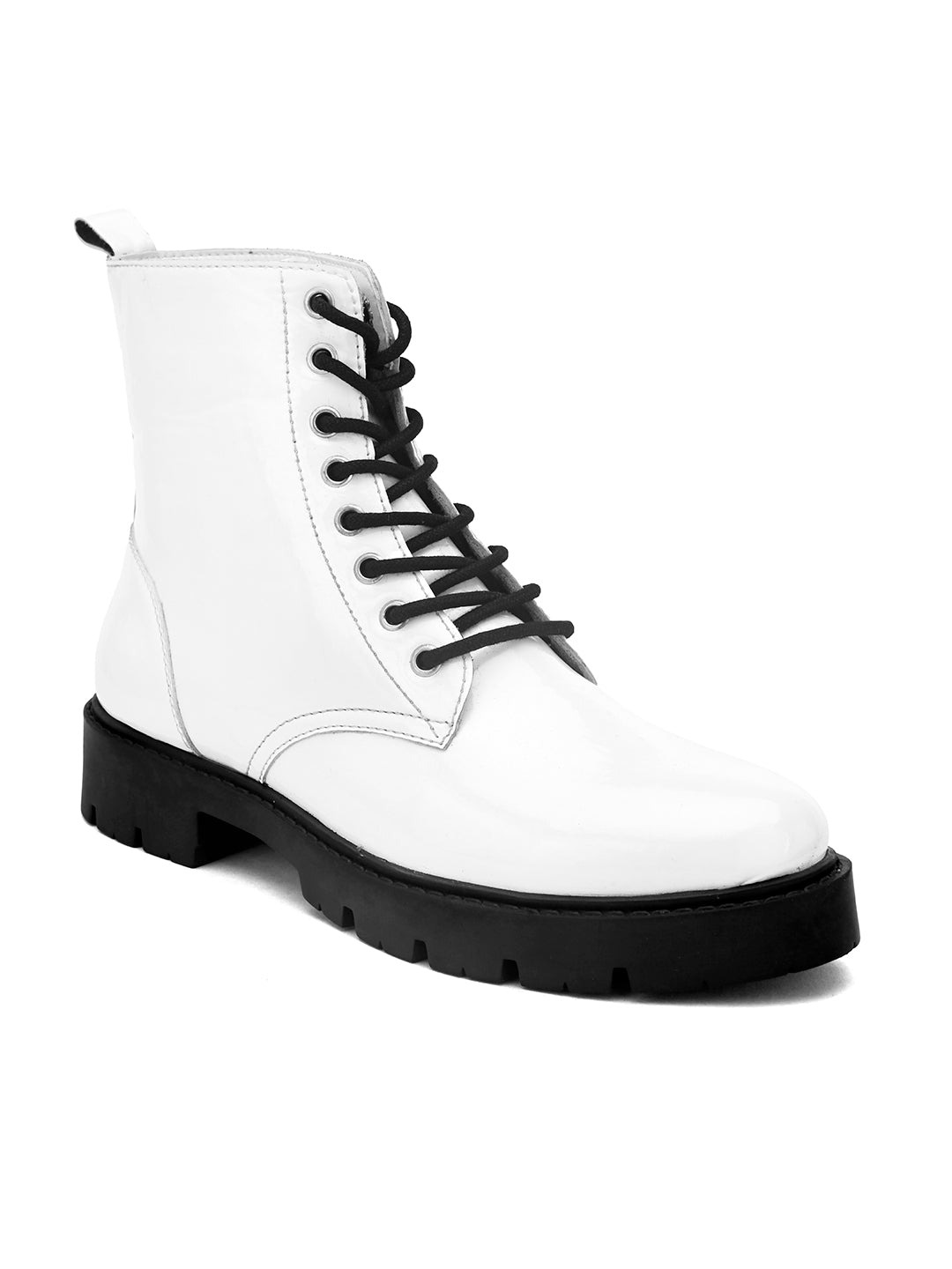 Shiny White Lace-Up Block Heel Boots