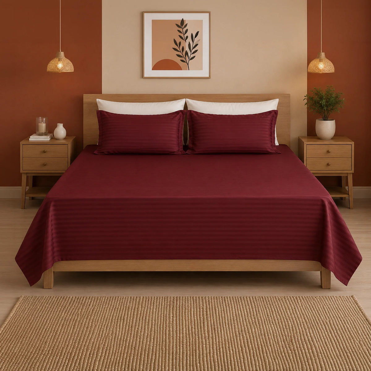 Breton Nap - Satin Stripes Bedsheet (Maroon)-1