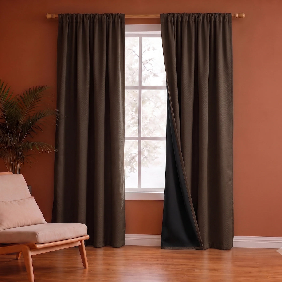 Fort Essential Embossed - Rod Pocket Black Backing Blackout Curtain (Brown)-1