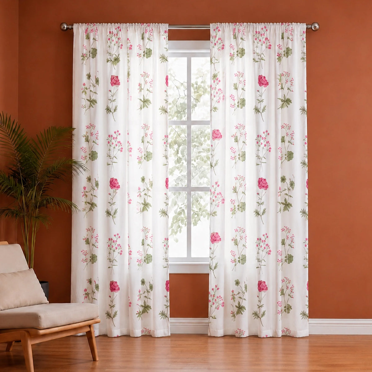 Pink Floral Printed Rod Pocket Duck Curtain-1