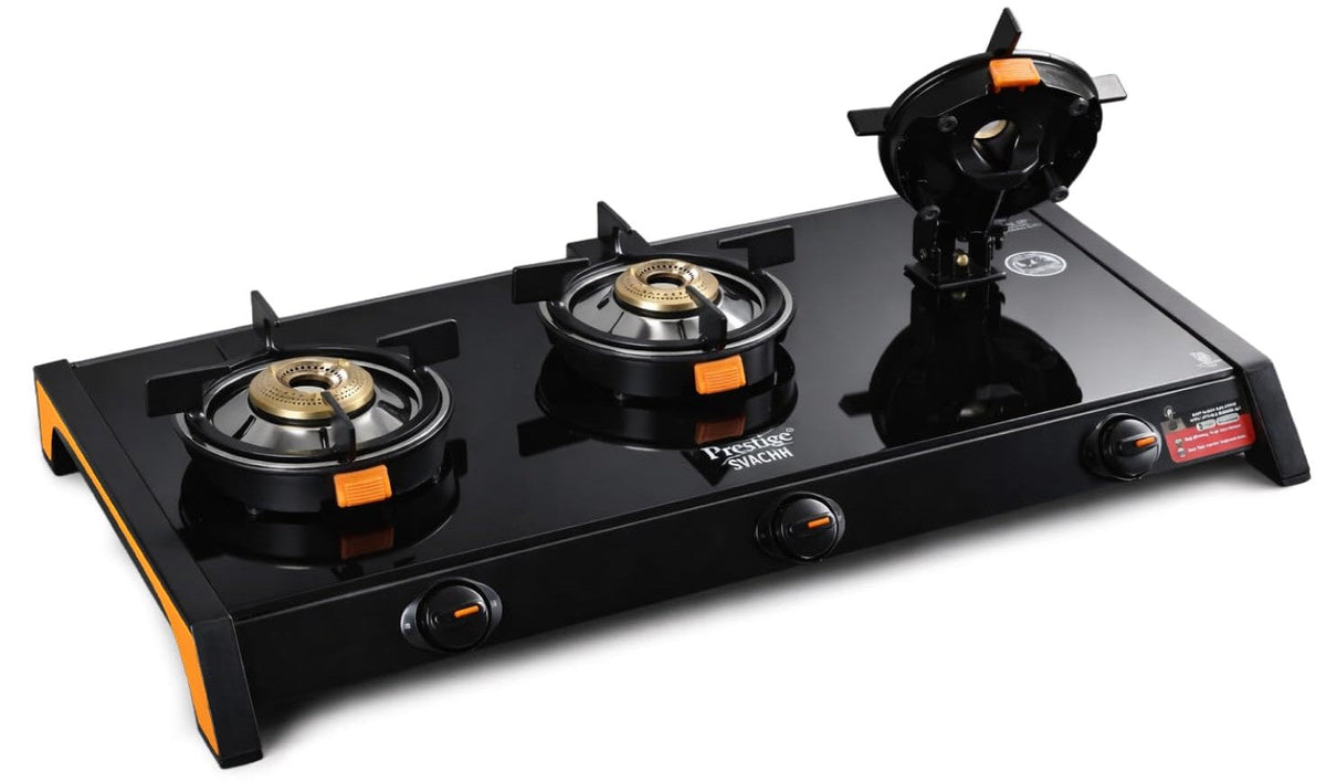 Prestige Svachh Glass Top Gas Stove with 3 Liftable Brass Burners for easy cleaning (GTSB-03) | Jumbo Brass Burner | Stu