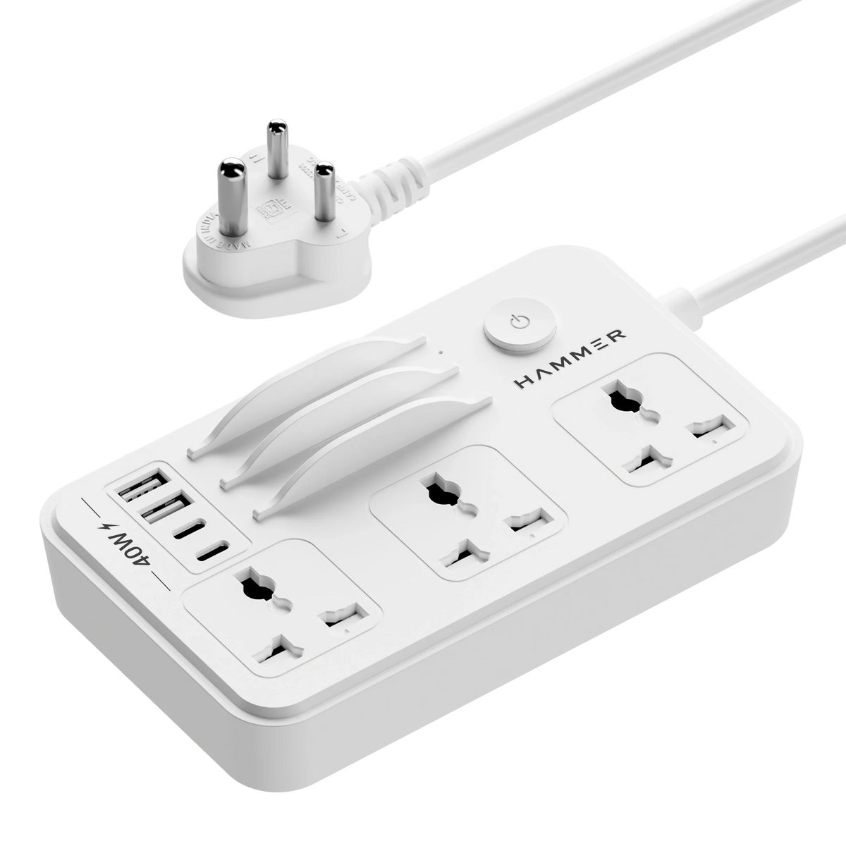HAMMER Power Strip with 3 Universal Sockets with 2 USB Ports and 2 Type C, 2300W with 1.5m Cable White