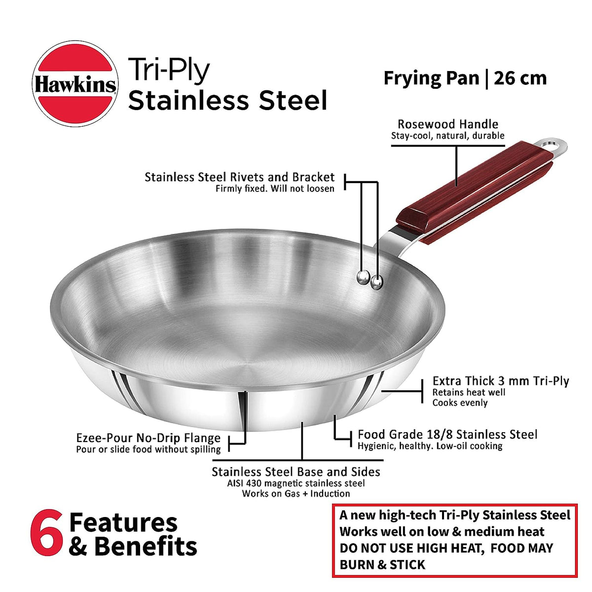 Hawkins Frying Pan, Triply Stainless Steel Fry Pan, Induction Frying Pan, Silver