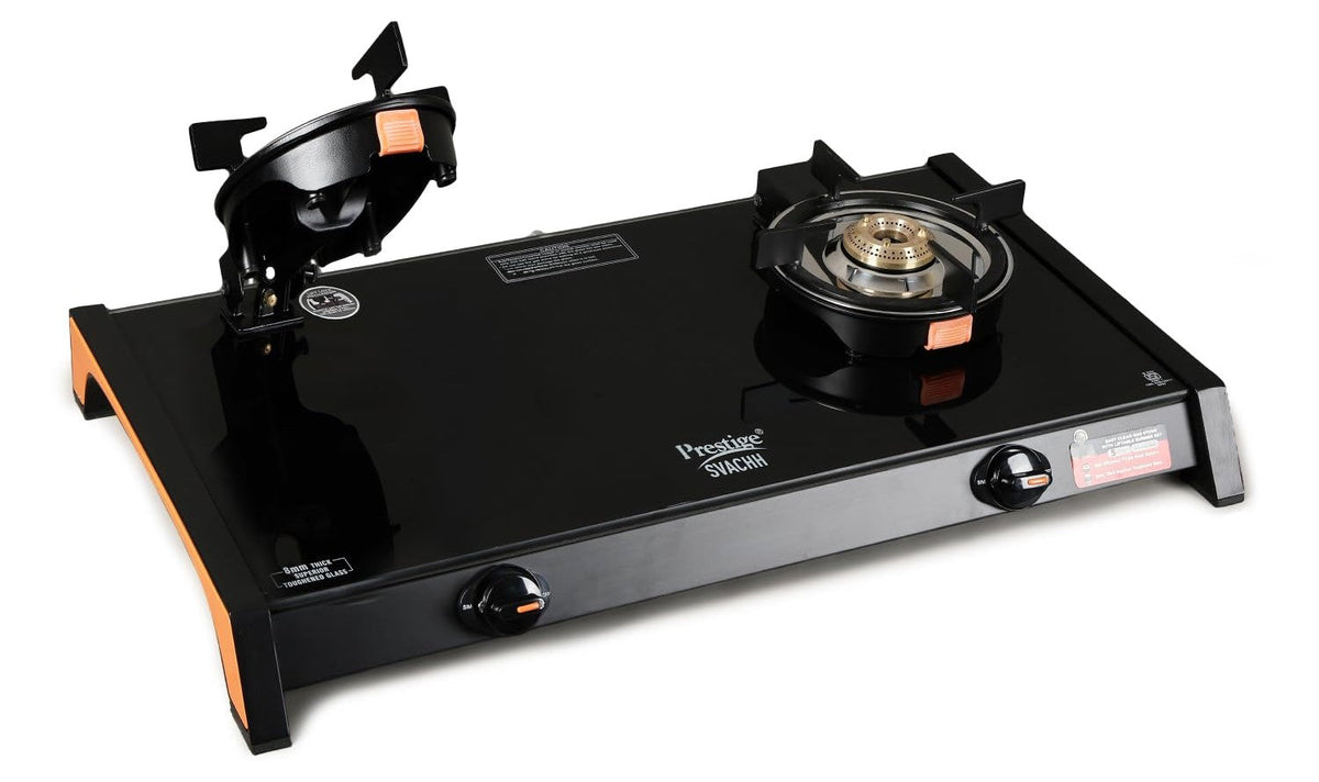 Prestige Svachh Glass Top Gas Stove with 2 Liftable Brass Burners for easy cleaning (GTSB-02) | Sturdy pan support | 2 y