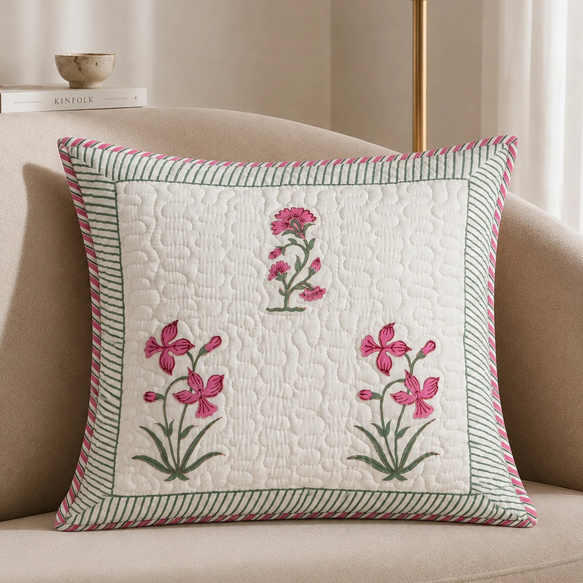Ombre Orchid - Hand Block Print Quilted Cushion Cover (Pink)-2