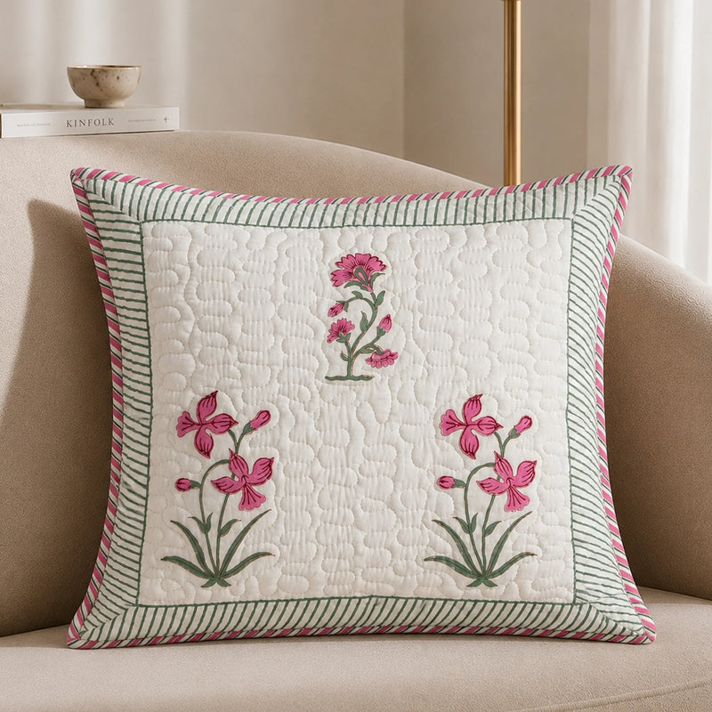 Ombre Orchid - Hand Block Print Quilted Cushion Cover (Pink)-2
