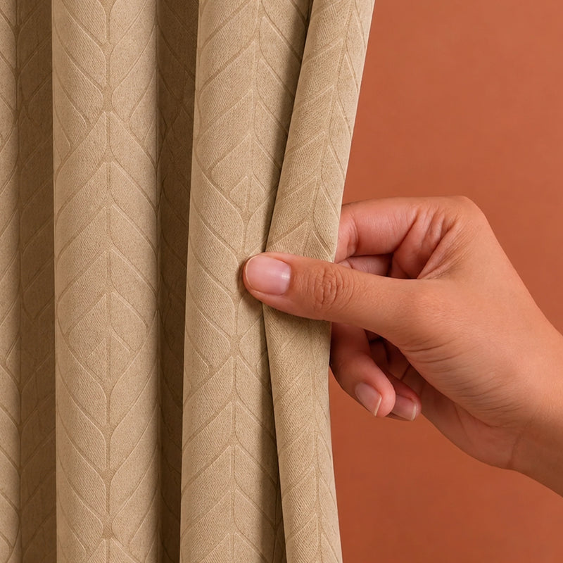 Fort Essential Embossed - Eyelet Black Backing Blackout Curtain (Beige)-2