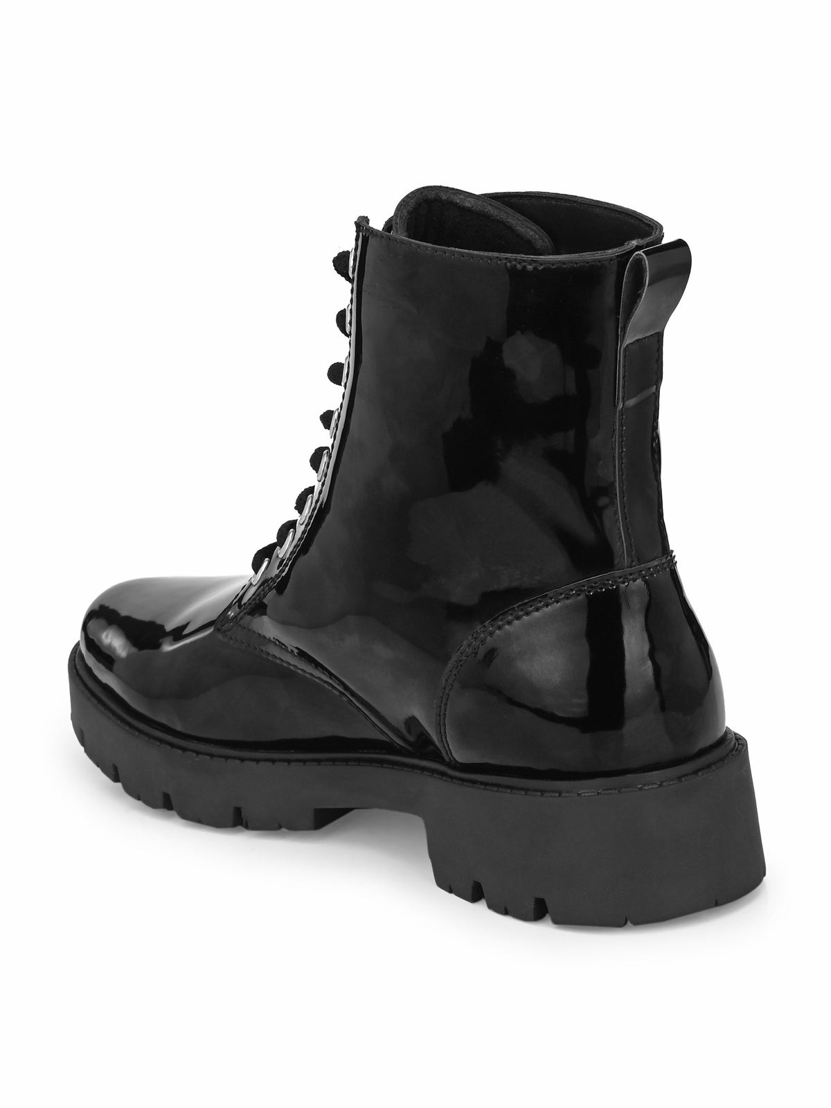Shiny Black Lace-Up Block Heel Boots