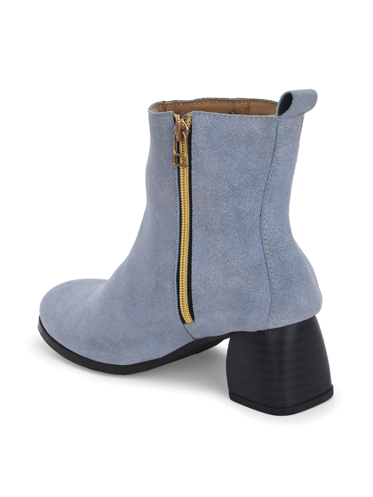 Light blue heigh top boot with a block heel and a sleek, minimalist design.