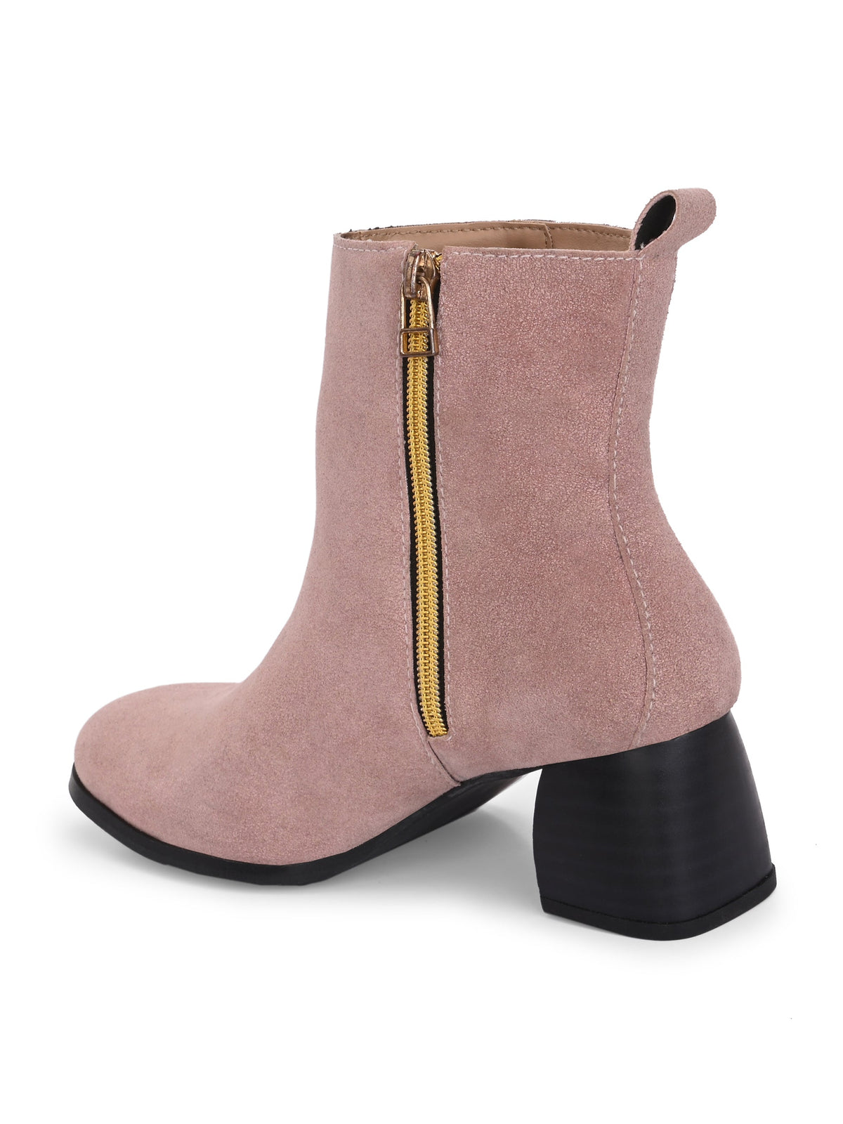 Light pink heigh top boot with a block heel and a sleek, minimalist design.