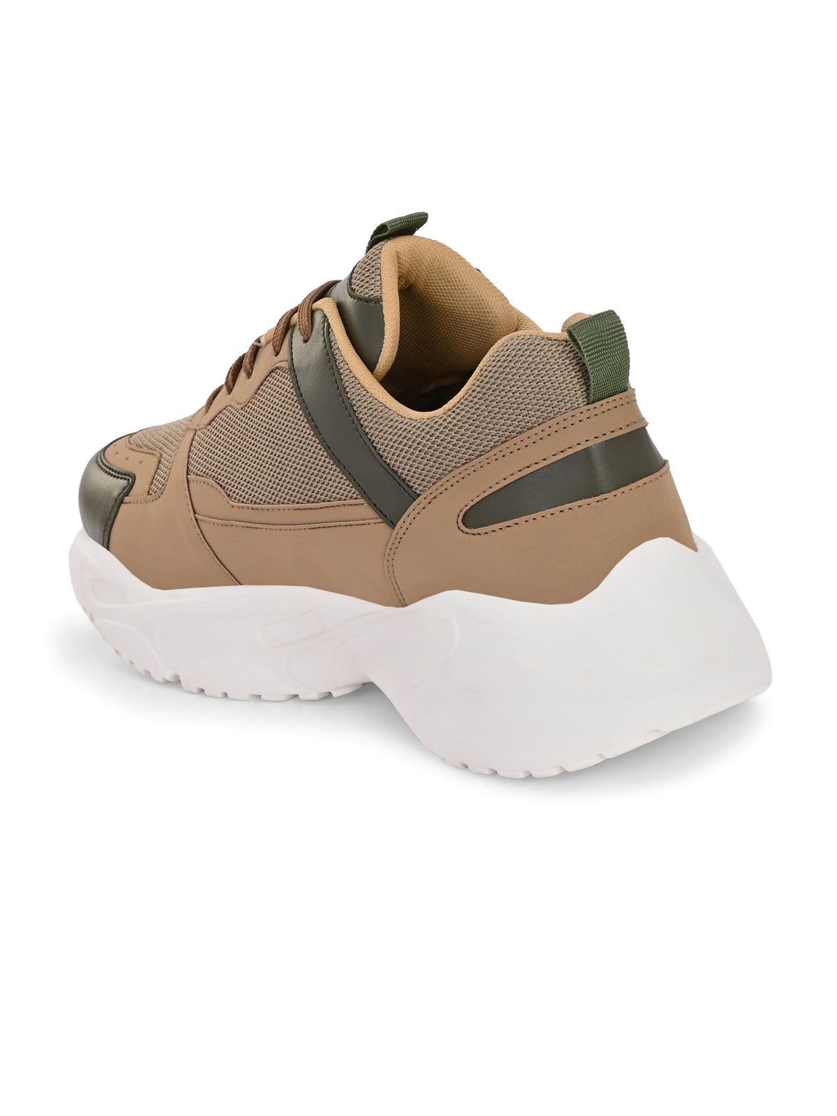 A Sneaker in Beige color with green texture and brown lace-up