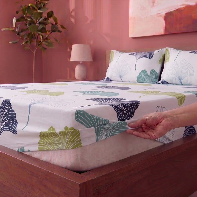 Imprimer Ginkyo - Floral Printed Fitted Bedsheet (Blue & Green)-2