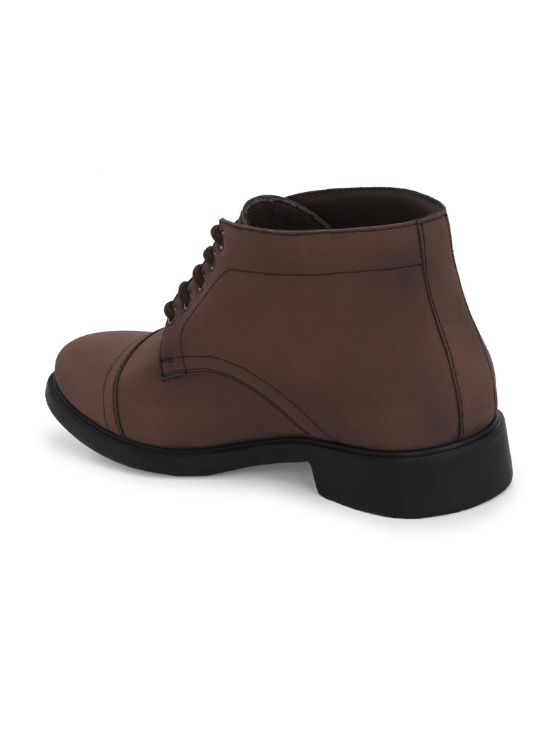 Faux leather casual boots with a cap toe, sleek design, metal eyelets, and a small brand logo near the ankle.