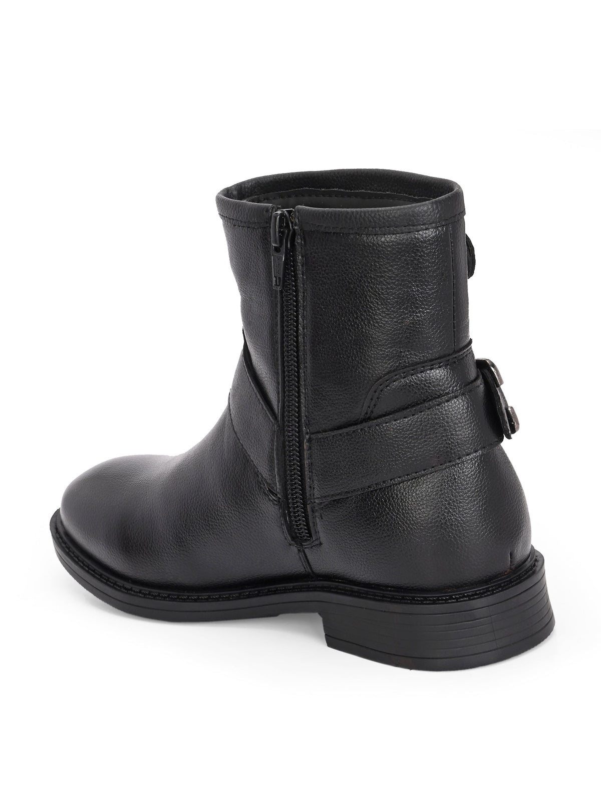 Black ankle-length boot with silver buckle accents and a low heel, perfect for casual or semi-formal wear.