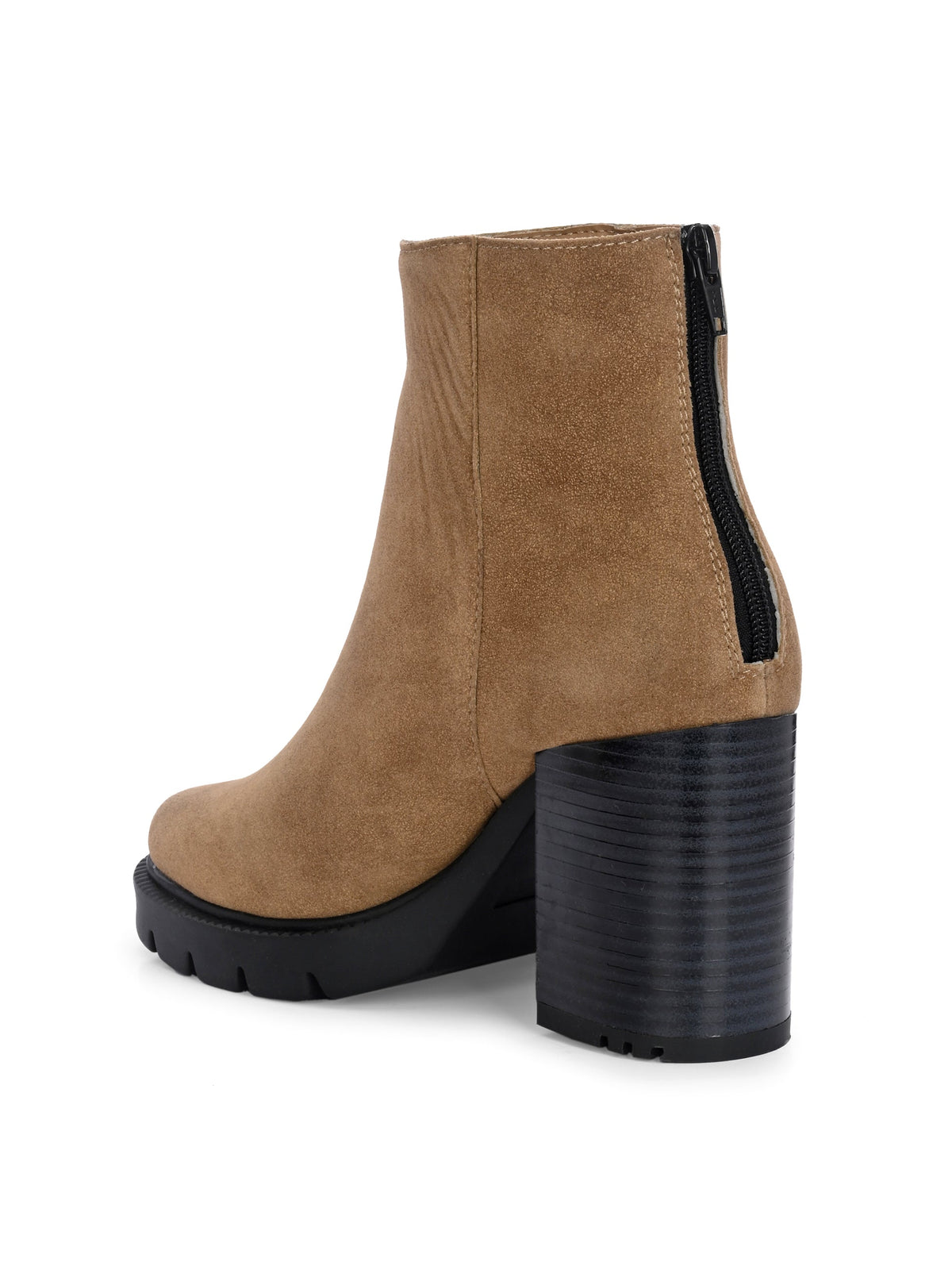 Glossy camel patent leather ankle boot with a chunky block heel, lug sole, and a gold logo detail near the collar.