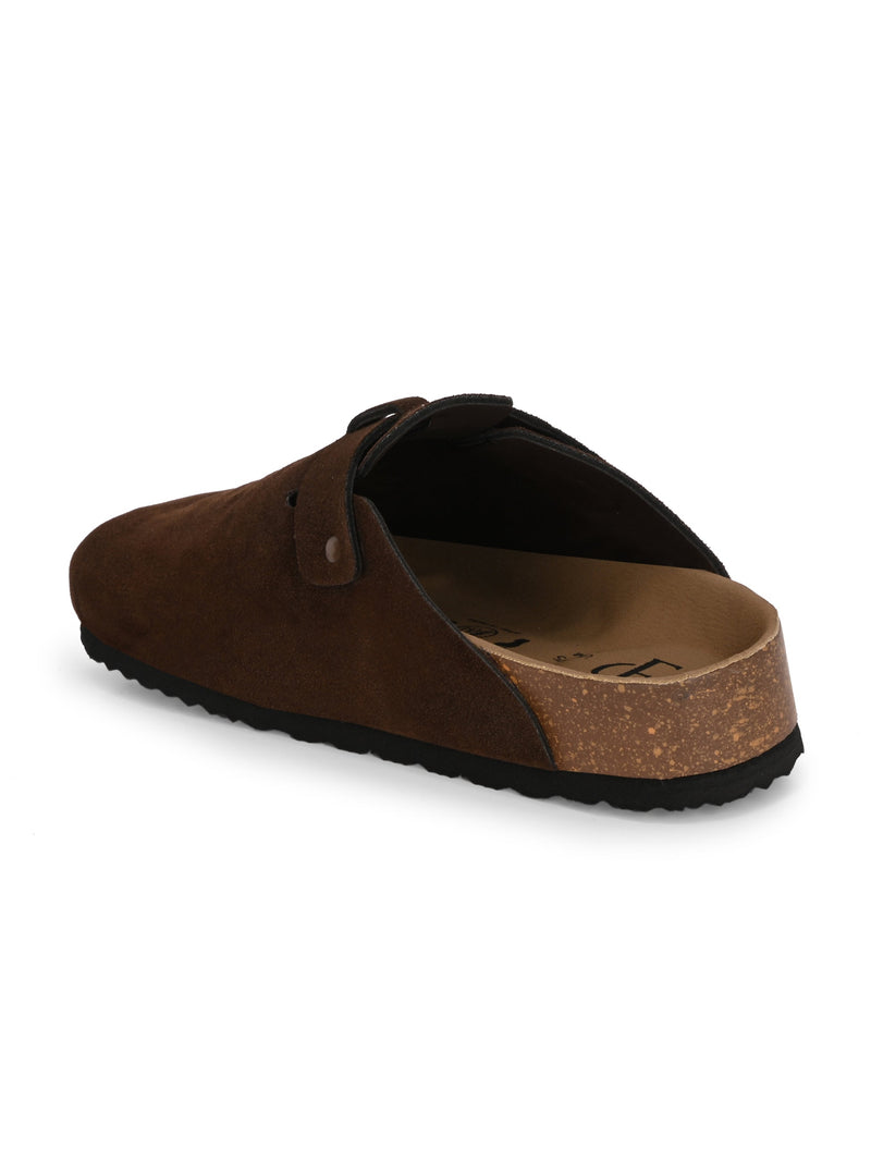 Brown suede slip-on clog with a black rubber sole and adjustable strap.