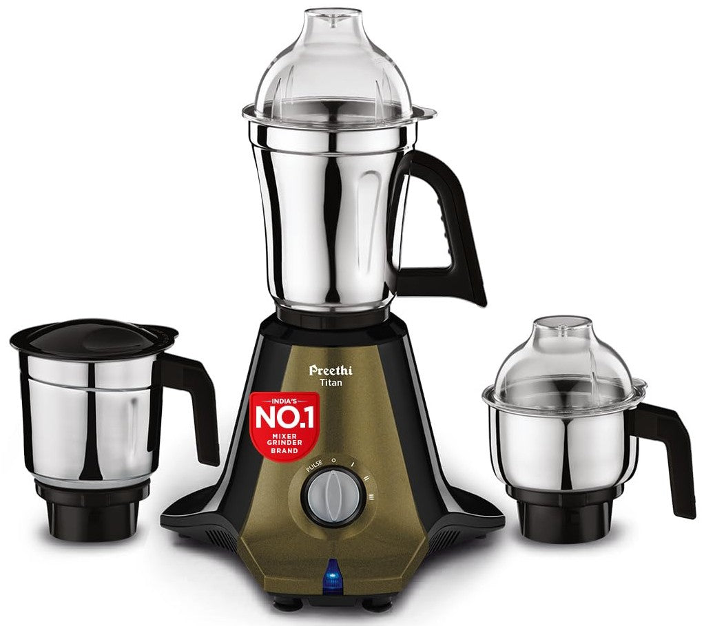 Preethi Titan 1000 Watts Mixer Grinder, 3 Jars (Stainless Steel), Powerful Grinding for Masalas, Chutneys and Batters, 2