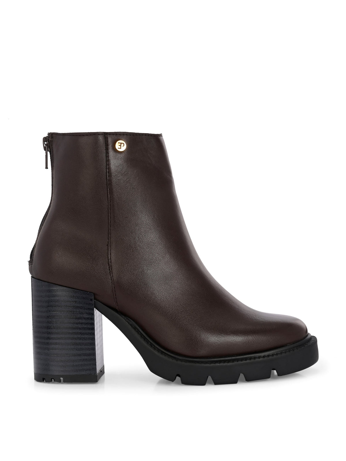 Glossy brown patent leather ankle boot with a chunky block heel, lug sole, and a gold logo detail near the collar.
