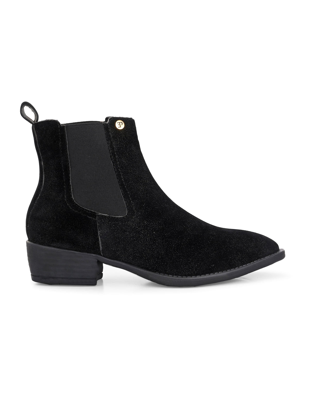 Charcoal suede slip-on boots with elastic side panels and a low block heel, featuring subtle gold detailing for a sleek, versatile look
