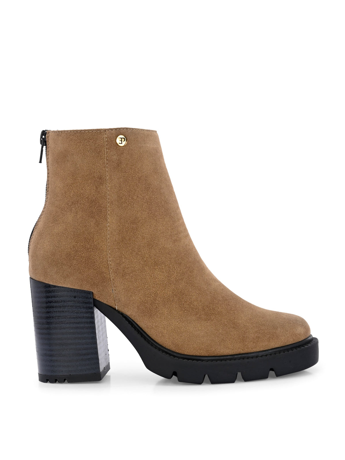 Glossy black patent leather ankle boot with a chunky block heel, lug sole, and a gold logo detail near the collar.