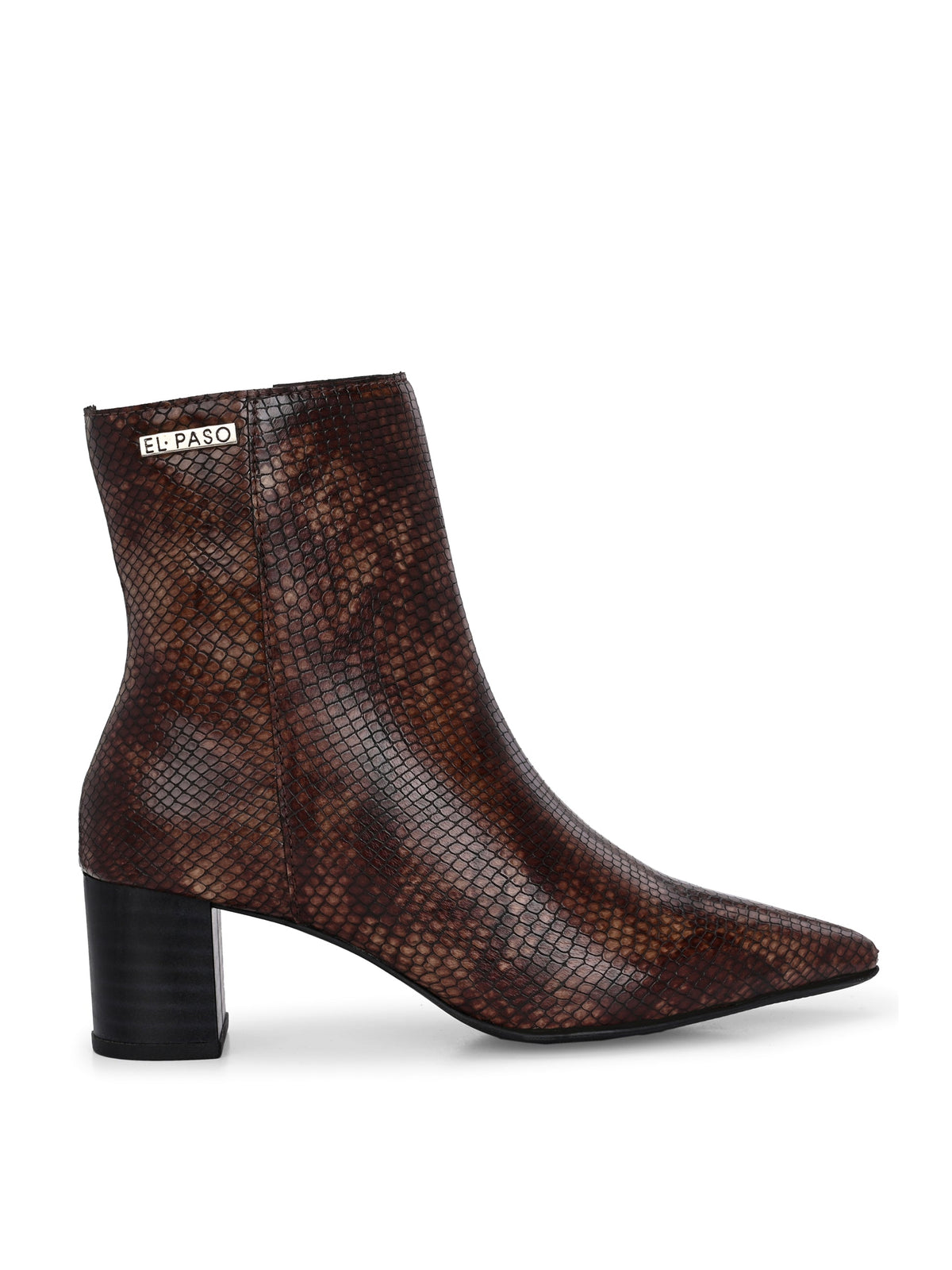 brown textured ankle boots with a sleek snakeskin pattern and a block heel design